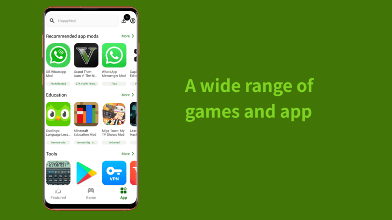 Wide range of games and apps on HappyMod